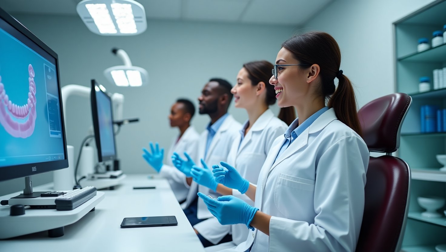 Clinical setting showing orthodontists utilizing digital equipment