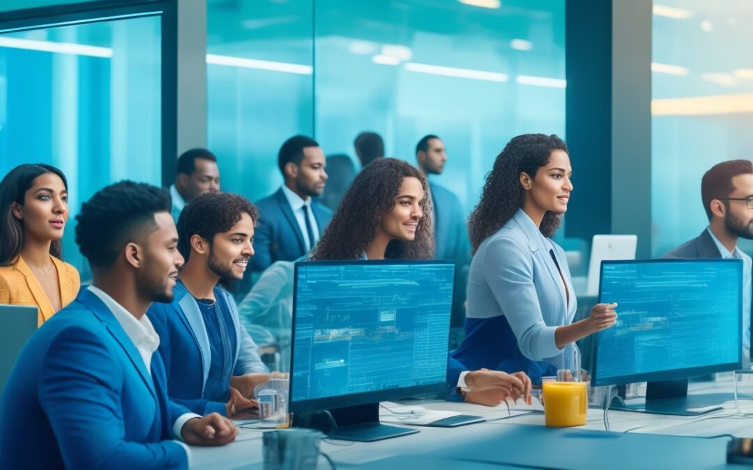 A dynamic, cinematic high-angle shot of diverse young Hispanic entrepreneurs collaborating around futuristic transparent digital screens glowing with AI-generated data and cloud computing visuals in a modern open office space, embodying innovation and the fast-growing Latin American and Spanish tech startup ecosystem in 2025.
